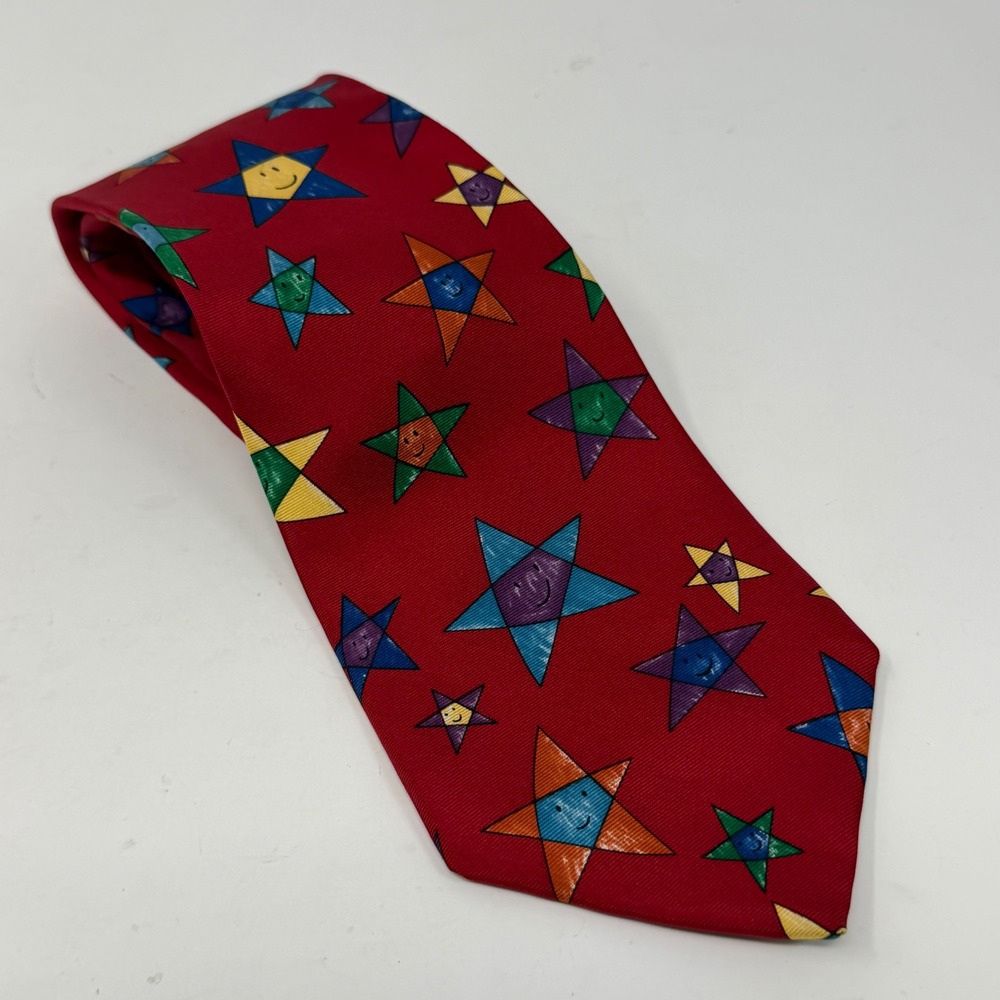Save the Children Red Silk Tie Happy Stars Kaho Kids Art Made in USA Wide 3.75"